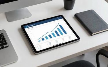 A clean and modern workspace in a North American / Global Business setting. A tablet on a sleek desk shows a strategic marketing dashboard with rising growth charts. The environment is bright and professional with silver metallic and deep charcoal accents.