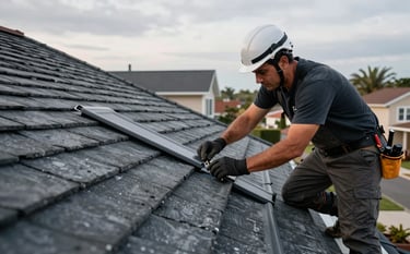 A professional roofing contractor wearing safety gear, meticulously installing custom zingueria on a residential roof. The setting is a modern suburban house in a South American / Latin American neighborhood. The composition is a close-up shot showing the precision of the metalwork, with the dark slate grey of the roof contrasting with the soft light grey of the sky.