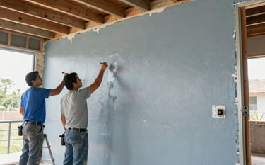 A clean interior shot of a South American / Latin American home renovation featuring perfectly finished Durlock walls and steel framing. Professional painters are applying a light blue-grey textured coating. The scene is bright and highlights the professional, grounded atmosphere of quality construction.