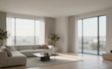 A high-end modern residential apartment interior. The scene features clean lines, a neutral color palette with hints of #A5B6C0, and large windows with soft morning light. The mood is professional, calm, and trustworthy.