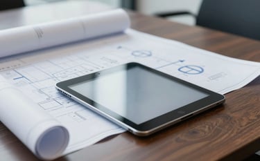 A refined boardroom setting with blueprints and a digital tablet on a polished dark wood table. Lighting is crisp and modern, featuring accents of #A5B6C0 and #1E272C. It reflects a mood of intelligence and reliability.