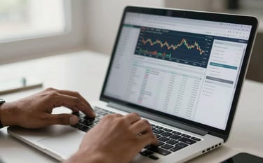 Close-up of a South Asian / Indian professional's hands using a high-end laptop displaying financial charts and digital spreadsheets in a clean, modern workspace. Soft morning light, professional atmosphere.