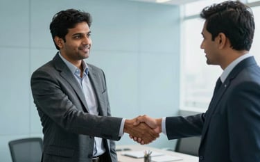 A South Asian / Indian entrepreneur in a smart-casual suit shaking hands with a legal consultant in a sophisticated Gurugram business district office. Minimalist decor, light blue accents, sharp focus, professional photography.