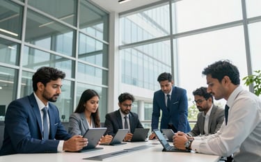 A wide-angle shot of a modern glass-walled corporate office in Bangalore, South Asian / Indian professionals in formal attire collaborating around a conference table with digital tablets. Bright, natural lighting, royal blue and white color palette, professional mood.