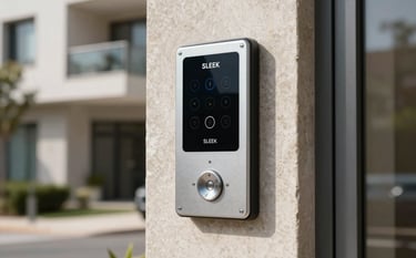 Sleek electronic access control panel at the entrance of a luxury residential building in Montevideo, modern architectural detail, daylight, professional photography.