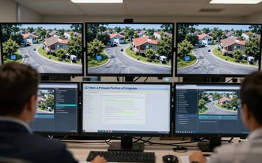 A high-tech security operations center with monitors displaying real-time perimeter surveillance for a private neighborhood in Uruguay, focused on a modern interface, premium professional aesthetic.