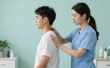 A professional physiotherapist in a clean, modern clinic with light teal (#A0CAC7) accents, performing a posture assessment on a patient. The lighting is soft and clinical, conveying a sense of expertise and trust.