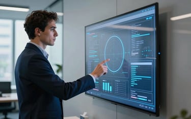 A professional in a modern European / French corporate office, interacting with a high-tech screen, clean lines, professional photography, soft steel blue and dark navy tones, cinematic lighting.