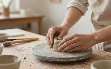 A close-up photograph of a person's hands gently molding soft clay on a rustic wooden table in a sun-drenched North American studio. The atmosphere is serene and focused, with warm cream and muted rose tones in the background.