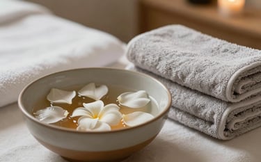 Serene spa setting for a pedicure treatment. A ceramic bowl with warm water and white flower petals is ready. Fluffy towels in #F2F4F7 are stacked nearby. The atmosphere reflects tranquility and personalized care.