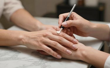 Close-up of elegant, well-manicured hands resting on a polished marble table. A professional technician is applying a neutral polish. Soft, diffused lighting highlights the texture and health of the skin. Mood is calm and luxurious.