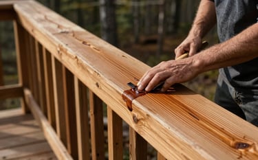 A close-up photograph of a wooden terrace in a wooded area of the Laurentides, Quebec. A worker is applying a rich, warm brown stain to a cedar railing. The morning light creates soft shadows, highlighting the high-quality wood grain and professional finish.