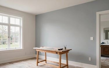 Professional interior photography of a modern Laurentides home with high ceilings. A painter's clean workspace shows freshly painted walls in soft gray and off-white. The lighting is bright and natural, reflecting a North American / Quebecois French architectural style.