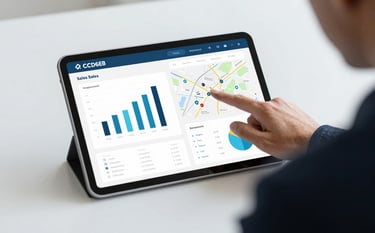 A professional commercial representative pointing at a digital tablet displaying sales growth charts and a logistics map. The scene is clean and modern, representing efficient data-driven prospecting. The colors #CCD6E0 and #3E6C8C are integrated into the graphical interface on the screen.