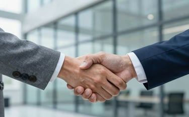 A high-quality close-up of a professional handshake between two business people in a modern glass-walled office. The lighting is clean and bright, reflecting a sense of reliability and trust. The corporate environment features subtle hints of the brand's #3E6C8C and #1A2F3D palette in the attire and decor.