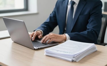 A clean, modern North American office environment. A professional individual in business casual attire sits at a desk with a laptop and a neatly organized stack of tax documents. The lighting is bright and natural, reflecting a trustworthy atmosphere. Colors include navy blue and soft grey.