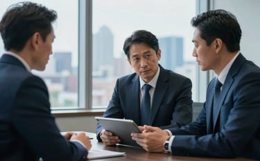 A North American business meeting room. Two professionals are engaged in a serious but positive discussion over a tablet. Large windows show a soft city skyline in the background. The style is sharp and corporate, with deep blue and mist blue tones.