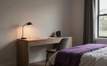A serene and modern private bedroom in a US suburban house with a minimalist desk, a bed with a soft purple throw, and warm, empathetic indoor lighting.