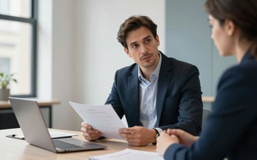 Professional photography of a one-to-one financial consultation in a bright, modern London office. A professional in business attire discusses documents with a client. Soft natural light, clean lines, with accents of dark blue and slate blue in the decor. Professional and reliable atmosphere, United Kingdom.