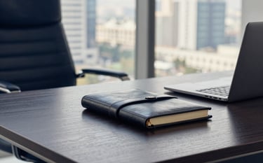 Professional photography of a minimalist, high-end executive office in Lahore. A dark wood desk holds a leather-bound notebook and a laptop, with a blurred view of a modern cityscape in the background. The scene is lit with cool, professional daylight, incorporating dark navy blue and soft off-white tones.