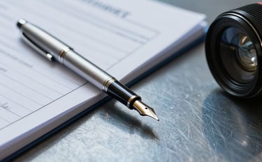 Close-up photography of a professional report and a silver fountain pen on a polished steel-blue surface. The composition is clean and orderly, reflecting a disciplined executive environment with sharp focus and professional lighting.