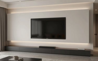 A sophisticated living room featuring a custom-built plasterboard TV unit with integrated LED lighting (#EDEDED light). The design is modern and minimalist, using brand colors #1F1F1F and #666666 for a professional, stylish look.