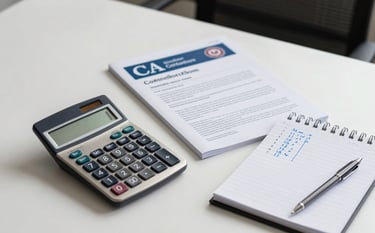 A professional South Asian academic environment. A minimalist desk features a high-end financial calculator, professional certification manuals for CA and ACCA, and a notepad with neat calculations in a medium blue ink.