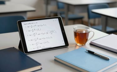 A modern, well-lit urban study room in a South Asian academic context. A digital tablet rests on a table displaying complex mathematical equations, next to a ceramic cup of tea and organized study materials in dark navy and light blue.