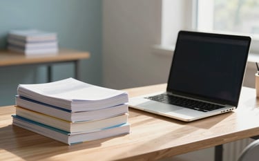 A bright, professional home study space in a South Asian academic setting. A wooden desk holds neatly stacked accounting textbooks and a modern laptop. Soft morning sunlight filters through a window, creating an atmosphere of focused learning. The color palette features off white and light blue tones.