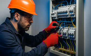 Ein Elektriker arbeitet an einer Schalttafel in Deutschland – feste Anstellung bei einem seriösen Ar