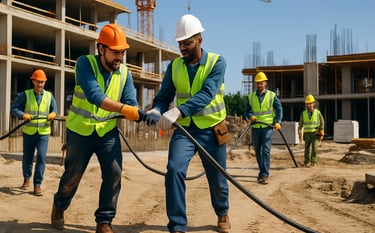 Elektrikerteam auf einer Baustelle zieht Kabel und installiert Anlagen in industrieller Umgebung