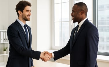 Zwei Geschäftsleute in Anzügen geben sich in einem modernen Büro die Hand – Symbol für Partnerschaft