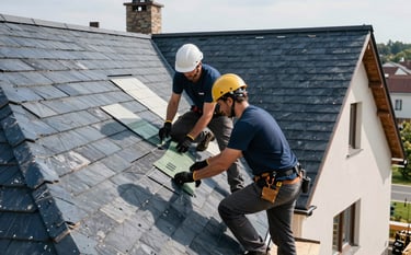 Professional photography of a high-end roofing project in a Central European residential area. Skilled roofers are meticulously laying slate tiles on a steep roof. Bright, natural daylight highlights the textures of the materials. The atmosphere is professional and safe. The palette features dark blue and off-white tones.