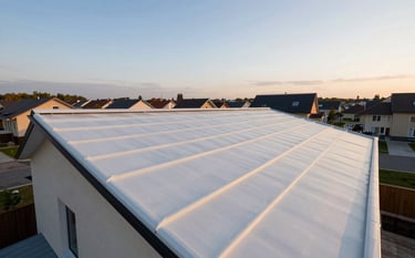 A wide-angle landscape photograph of a perfectly clean and insulated roof on a Central European suburban home. The roof looks brand new after professional maintenance and cleaning. Soft evening light reflects off the off-white and medium blue tones of the scene, creating a feeling of reliability and trust.