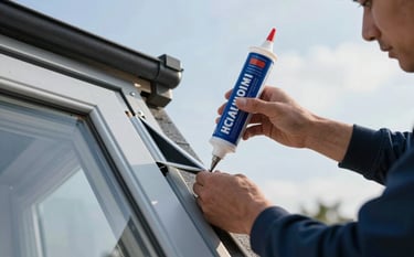 A close-up photograph showing the expert sealing of a roof window against humidity, focusing on precision and craftsmanship. The setting is a classic French house under a clear sky. Professional tools and high-quality sealant are visible. The scene uses colors like medium blue and light blue-grey.