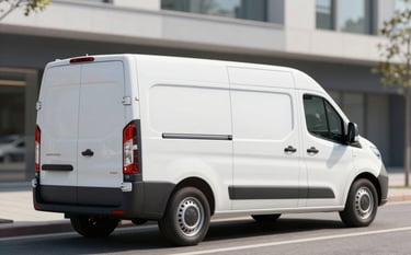 A modern white delivery van featuring clean lines and subtle navy blue branding accents, parked on a bright urban street during a sunny day. Professional photography, sharp focus, clean and professional atmosphere, incorporating #1A2E35 and #F0F4F7 colors.