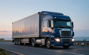 A powerful logistics semi-truck driving along a coastal highway at dusk, sleek design, motion blur on the wheels, headlights on. Reflects efficiency and precision, using #1A2E35 and #3F5B6F tones against a clear sky.