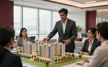 A professional South Asian real estate consultant in a sharp charcoal suit presenting a scale model of a modern Noida apartment complex to clients. The office is bright and sophisticated with soft light coming through floor-to-ceiling windows. The scene includes deep red accents and light gray furniture.