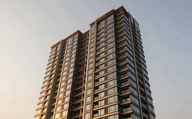 Wide-angle architectural photograph of a luxury residential high-rise in Noida at golden hour. The building features contemporary Indian design with glass and steel. The lighting is warm and inviting, highlighting the premium quality of the construction. Sky is a soft off-white and charcoal gradient.