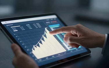 A close-up shot of an executive hand pointing at a glowing digital tablet displaying growth metrics and revenue graphs. The atmosphere is authoritative and forward-thinking, using deep blues (#0D1B2A) and crisp highlights in off-white (#E0E1DD).