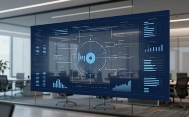 A sophisticated, high-end office interior featuring a glass wall covered in data-driven flowcharts and market trends. The lighting is cool and professional, incorporating the brand's navy (#0D1B2A) and muted blue (#778DA9) palette. Minimalist aesthetic.