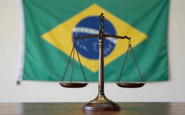 A symbolic photograph of the scales of justice sitting on a mahogany table, with the Brazilian Constitution in the background. Lighting is soft, highlighting dark charcoal teal and pale mist colors.