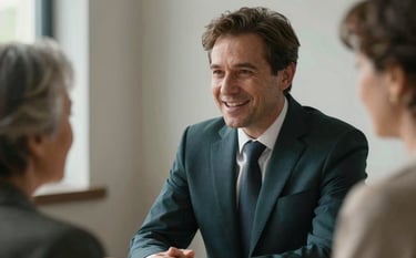A close-up photograph of a lawyer in a professional dark charcoal teal suit, speaking warmly to an elderly woman in a room filled with natural light and pale mist colored walls, conveying trust and empathy.