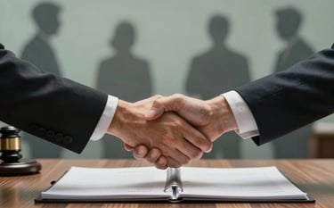 A powerful image showing two hands shaking over a wooden desk with a legal folder. The background features blurred silhouettes of workers, in a soft greyish teal and muted sage tone.