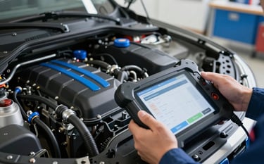 A close-up, professional photograph of a well-maintained vehicle engine in a modern, clean garage. A technician's hand is visible holding a digital diagnostic tablet. The lighting is bright and even, featuring professional blue accents on the tools and equipment.