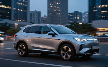 A sleek silver SUV navigating a professional city district at twilight. The city lights cast a professional blue and dark navy glow over the vehicle's body. The composition is dynamic, showing the car in motion to represent efficiency and speed for professional rideshare drivers.