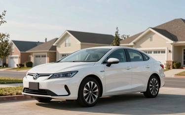 A crisp, high-resolution photo of a modern white sedan parked in a clean suburban neighborhood during a bright morning. The car is polished and clean, reflecting the off-white and sky blue colors of the sky and nearby architecture, emphasizing reliability and readiness for a delivery shift.