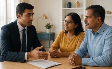 A South Asian professional consultant in a sharp suit discussing life insurance policies with a middle-aged Indian couple in a bright, modern office. The scene is lit with natural morning light, featuring a clean aesthetic with gold and medium blue accents in the decor.