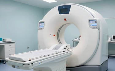 Detailed photography of a modern MRI scanner in a bright, clean medical imaging suite. The atmosphere is clinical yet reassuring, with light blue and white color schemes typical of a French private hospital.