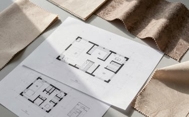 A top-down view of a designer's workspace in a North American studio. On a light gray surface, detailed architectural 2D floor plans are spread out next to fabric swatches in sand beige and muted brown tones. Professional, sophisticated artistry, clean morning light.